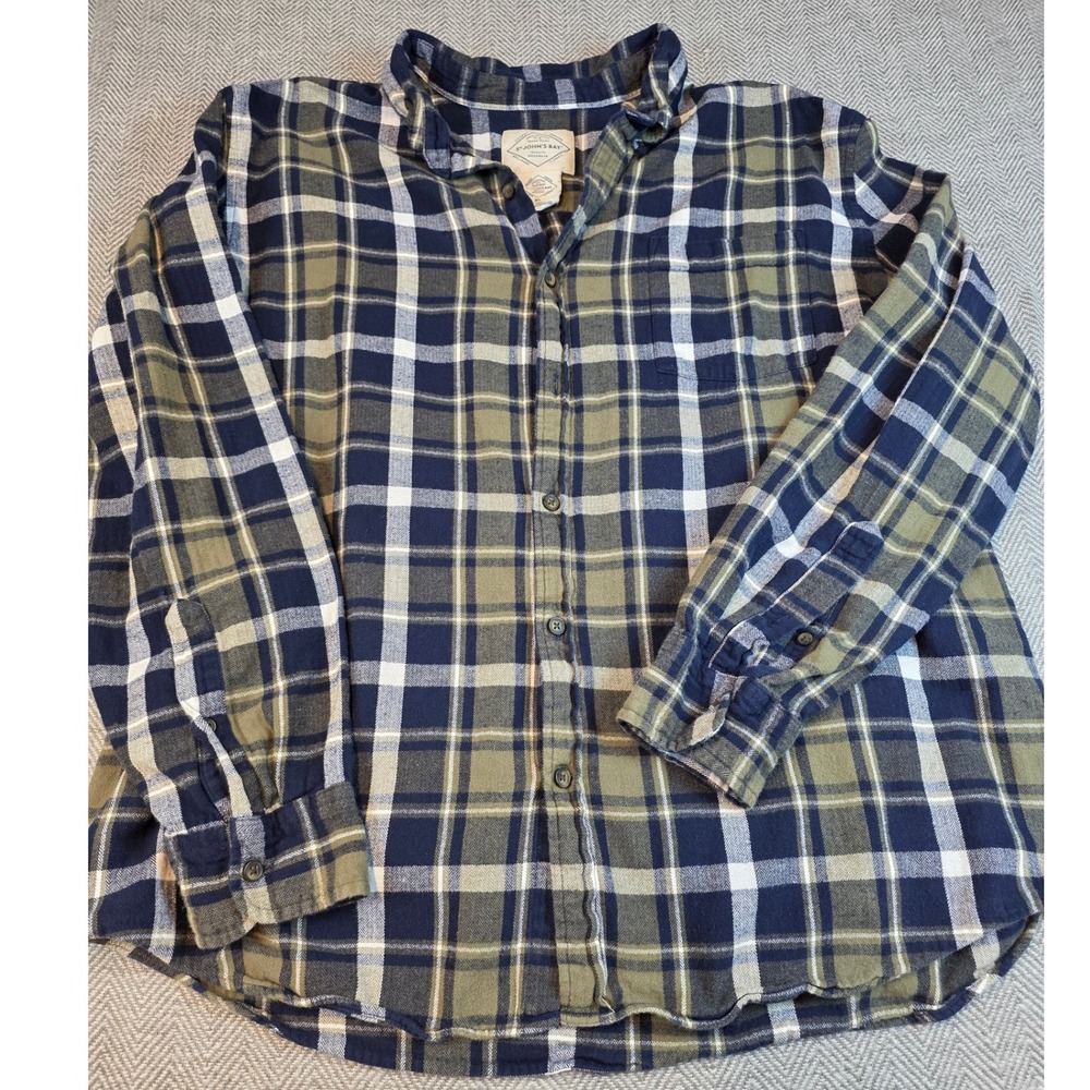 St Johns Bay Mens XL Plaid Flannel Shirt Navy Blue Olive Green Cotton Button Up